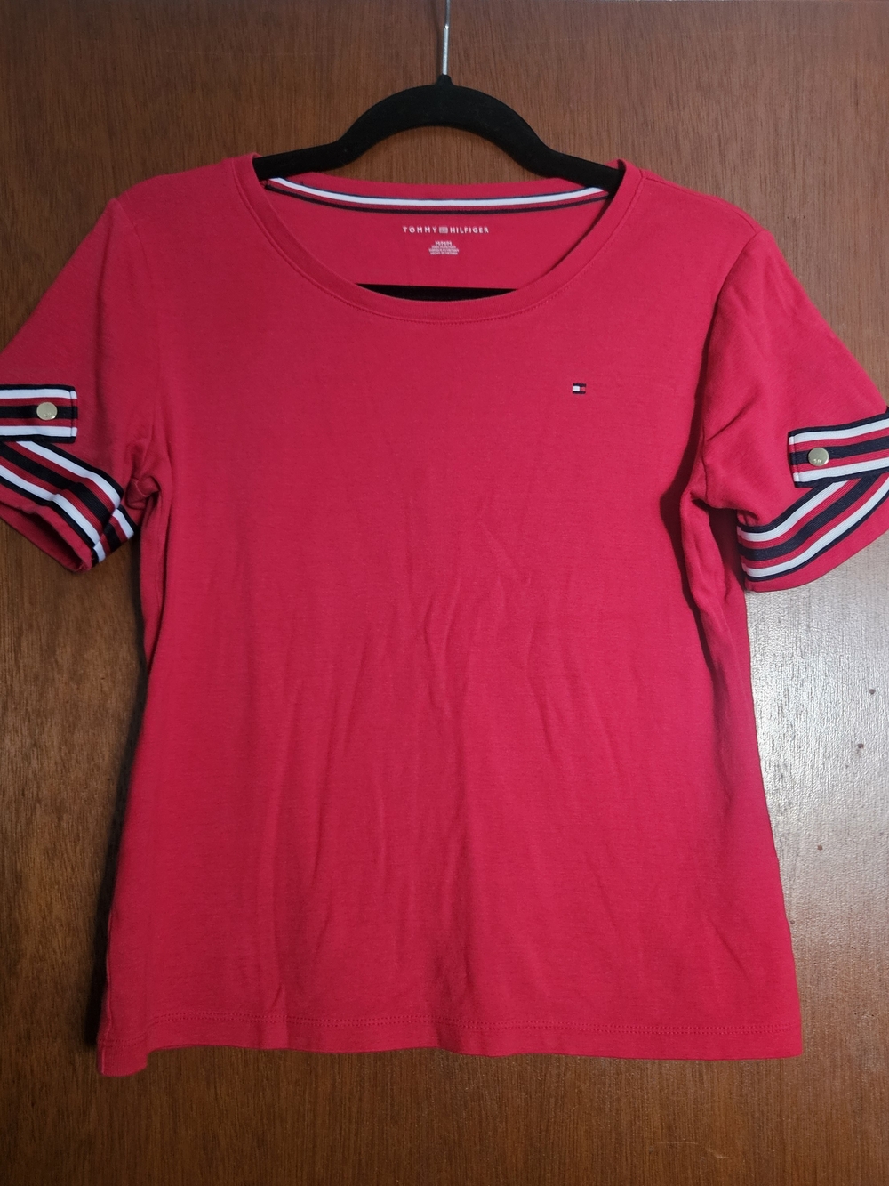 Tommy Hilfiger Red Short Sleeve Tee with Striped Cuffs
